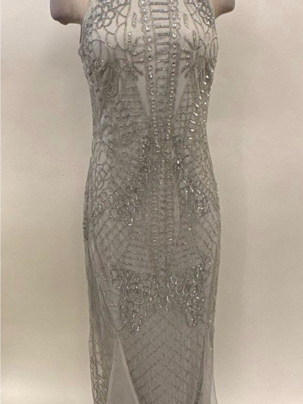 Aidan Mattox Silver Beaded High-Neck Sheath Gown